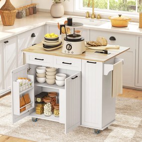 Carrinho de Cozinha, Ilha de Cozinha com Rodas com Tomada USB Bancada Rebatível 2 Gavetas 119,5x74x94,5 cm Branco
