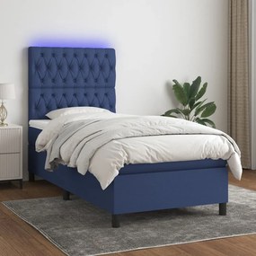 Cama box spring c/ colchão e LED 100x200 cm tecido azul