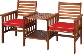 Conjunto de mesa e cadeira de 2 lugares em madeira de acácia para exterior com almofadas para pátio jardim castanho e vermelho