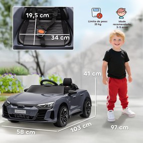 Carro Elétrico AUDI RS E-Tron GT 12V com 2 Motores Faróis LED Buzina Música USB 3-5km/h 103x58x41 cm Cinzento