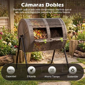 Compostor giratório para jardim com 142 L e câmara dupla, rotação eficiente de 360 graus, cor castanha