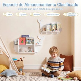 Conjunto de 2 prateleiras suspensas em forma de baleia com compartimentos abertos - Estante suspensa em madeira para quarto infantil ou creche - Branc