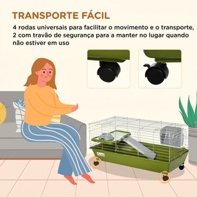 Gaiola para Pequenos Animais com Rodas Bebedouro Comedouro e Dispensador de Feno para Coelhos e Porquinhos-da-Índia 89x44x43 cm Verde
