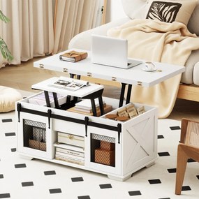 Mesa de centro 105 x 54 x 48,5 cm com tampo elevável estilo rústico, 2 portas deslizantes, 3 compartimentos ocultos, sala de estar, painel branco