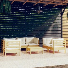 vidaXL 7 pcs conjunto lounge jardim c/ almofadões creme pinho maciço