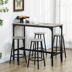 Conjunto de Móveis Altos de Bar com 5 Peças Mesa de Refeição Industrial e 4 Bancos Redondos Cinzento e Preto