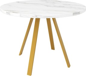 Mesa de jantar redonda para 4 pessoas, com pés metálicos dourados, 80x80x75 cm, Branco+Ouro