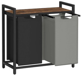 Cesto para roupa suja 2 x 46 litros com prateleira 73 x 33 x 72 cm preto + cinzento + castanho vintage