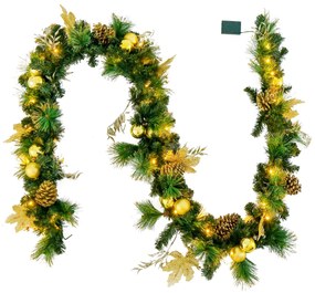 Grinalda de Natal Artificial 270 cm Pré-iluminada com Luzes LED Brancas Quentes para a Porta Principal, Escadas e Lareira Verde