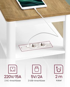 Mesa de apoio, mesa cabeçeira estreita com 2 tomadas eléctricas, 2 portas USB 60 x 35 x 60 cor nogueira castanho-branco