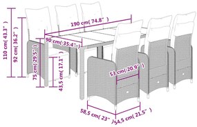 7 pcs conjunto bistrô de jardim c/ almofadões vime PE cinza