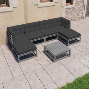 7pcs conjunto lounge de jardim c/ almofadões pinho maciço cinza