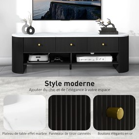 Móvel para TV de 140 cm, móvel para televisor de 65 polegadas com efeito de mármore, 3 gavetas com frentes caneladas e 2 prateleiras pretas