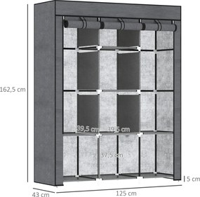 Guarda Roupa de Tecido Dobrável com 8 Prateleiras de Armazenamento e 2 Barras de Pendurar 125x43x162,5 cm Cinzento