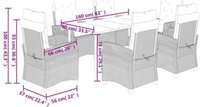 7 pcs conjunto de jantar p/ jardim c/ almofadões vime PE cinza