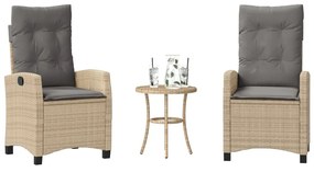 vidaXL 3 pcs conjunto bistrô com almofadões vime PE bege misturado