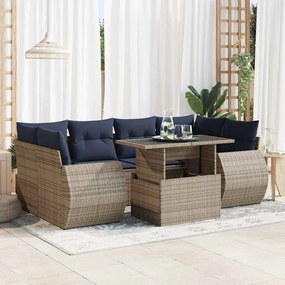 7 pcs conjunto sofás jardim almofadões vime PE/acácia cinzento