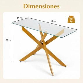 Mesa Consola 115 x 45 x 78 cm com Tampo Temperado e Pernas de Metal para Sala, hall Entrada Dourada