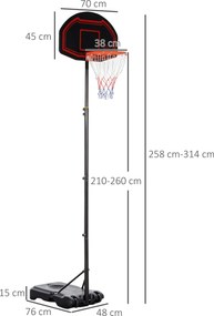 Cesto de basquetebol para exterior com poste e tabela, base de lastro com Rodas, altura ajustável de 2,1 a 2,6 m (cesto) preto, vermelho