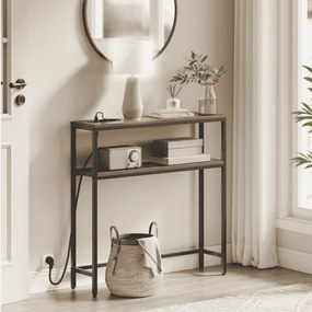 Mesa consola com prateleiras 20 x 80 x 80 cm com 2 tomadas CA, 1 porta USB-A e 1 porta USB-C Castanho vintage-Preto