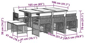 11 pcs conjunto de jantar p/ jardim c/ almofadões vime PE preto