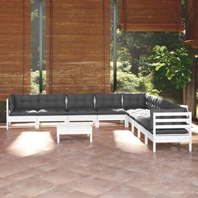 vidaXL 10 pcs conj. lounge de jardim c/ almofadões pinho maciço branco