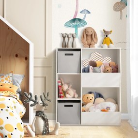 Estante infantil de 5 cubículos com 2 recipientes de tecido Estante de arrumação com compartimentos abertos para quarto de bebé Branco