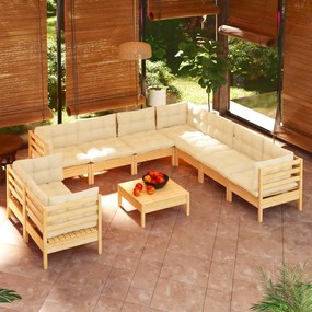 vidaXL 10 pcs conjunto lounge jardim c/ almofadões creme pinho maciço