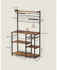 Armário de cozinha com fita magnética para facas e 12 ganchos 42 x 90 x 167,3 cm Castanho Vintage-preto