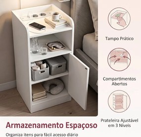 Conjunto de 2 Mesas de Cabeceira Estreitas com Estação de Carregamento, Porta, Compartimento Aberto e Prateleira Ajustável, Branco