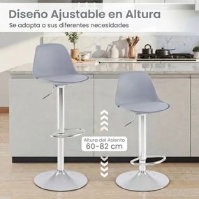 Conjunto de 2 bancos giratórios de bar com encosto ajustável em altura, estofados em couro sintético e apoio para os pés cinza e prata