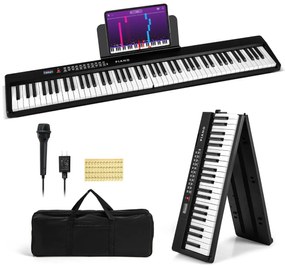 Teclado de piano elétrico dobrável com 88 teclas, tamanho normal, semi-pesado e portátil com MIDI 128 x 23 x 6 cm Preto