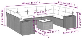 10 pcs conjunto sofás de jardim c/ almofadões vime PE preto