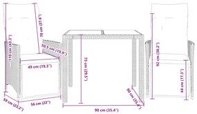 3 pcs conjunto bistrô de jardim c/ almofadões vime PE castanho