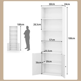 Estante com 2 Portas 6 Prateleiras e Armarios Prateleiras Ajustáveis Estante independente para Sala de Estar Escritório 60 x 24 x 180 cm Branco
