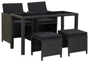 vidaXL 5 pcs conjunto jantar exterior com almofadões vime PE preto