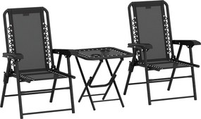 Outsunny Conjunto Bistrô 3 peças em aço resistente às intempéries Conjunto de móveis de jardim com mesa bistrô dobrável Suporte para copos Cadeiras de jardim Preto | Aosom Portugal