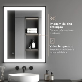Espelho Casa de Banho com Luz LED 80x60 cm Iluminação Ajustável Função Anti-Embaciamento Função Memória Preto