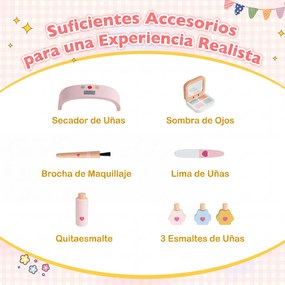 Conjunto de Mesa de Manicure Infantil com Cadeira e Banco, 60 x 34 x 49 cm, Design 2 em 1, Rosa