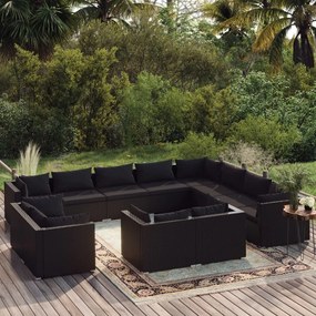 vidaXL 12 pcs conjunto lounge de jardim c/ almofadões vime PE preto