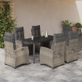 7 pcs conj. jantar p/ jardim c/ almofadões vime PE cinza-claro