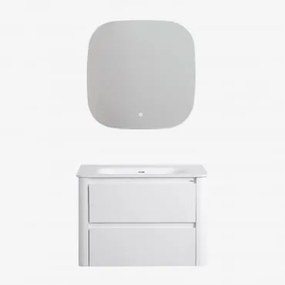 Conjunto De Móvel De Casa De Banho Suspenso 80x50 Cm Em Madeira Com Lavatório Integrado Egerton Branco & Quadrado Led E Anti-embaciamento - Sklum