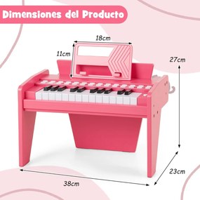 Teclado de piano para crianças 38 x 23 x 27 cm com 25 teclas digital em madeira com velocidade e volume ajustáveis Modo de ensino Rosa