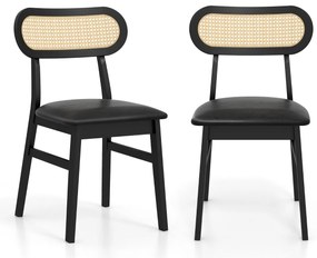 Conjunto de 2 cadeiras de jantar de madeira para interior com assento almofadado e encosto de cozinha em rattan com cobertura em pele sintética Preto