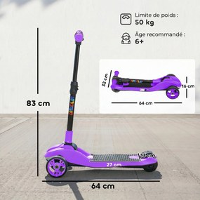 Trotinete Elétrica para Crianças de 3 Rodas, 64 x 29 x 83 cm, Dobrável, Violeta