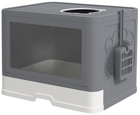 PawHut Caixa de Areia para Gatos Amovível com Pá Escova 2 Portas Entrada Principal e Saída Superior 48,5x38x36,5 cm Cinza