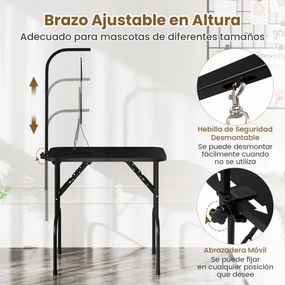 Mesa de Higiene para Animais 80,5 x 46 x 148 cm Dobrável com Braço Ajustável em Altura e Laço Superfície Antiderrapante e Impermeável Preta