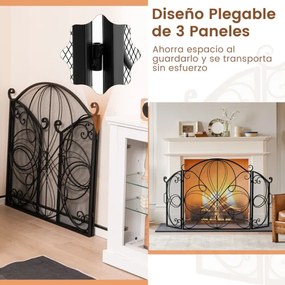 Protetor frontal para lareira de 3 painéis com padrão floral e resistente para lareira em metal para sala de estar 151 x 83 cm Preto