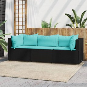vidaXL 3 pcs conjunto lounge de jardim c/ almofadões vime PE preto
