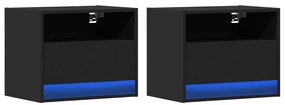 Mesas de cabeceira de parede com luzes LED 2 pcs preto
